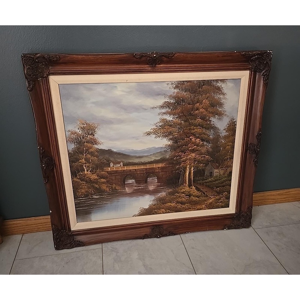 Vtg Signed Trees Stone Bridge River Landscape Oil Painting Wooden Frame 27"x30"